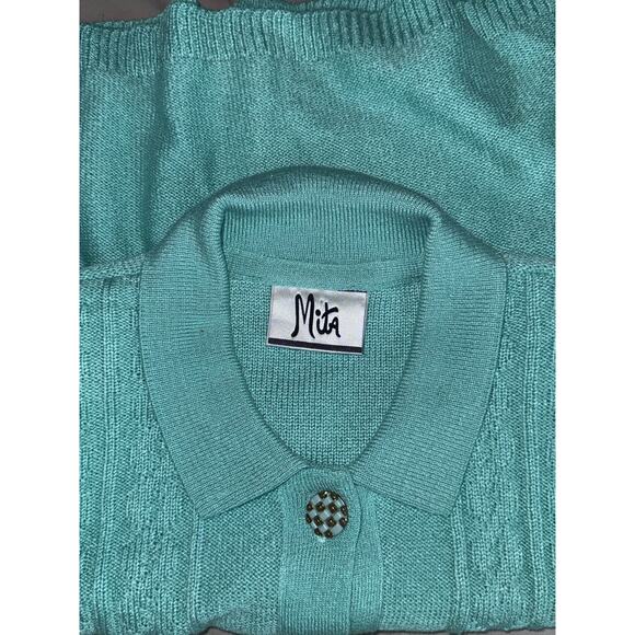 VTG Mita 12P Aqua Collared, Button Front Cable Knit Short Sleeve Top/Skirt Set - Picture 6 of 7